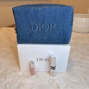 Dior denim pouch with lip balm and mascara samples